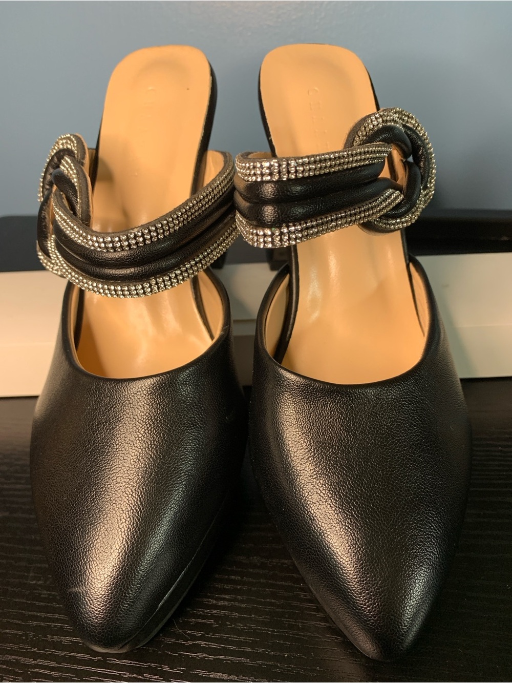 Black Rhinestone-Knot Pointed Mules - Picture 2 of 6
